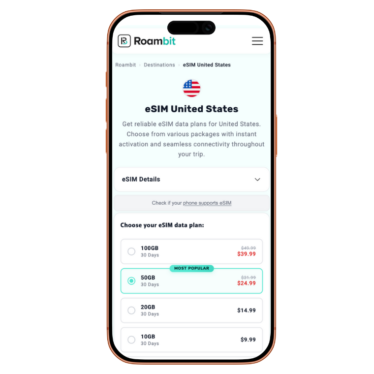 Roambit United States eSIM - Best eSIM provider shown on smartphone